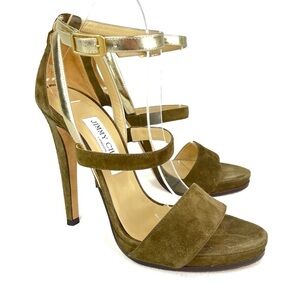 Jimmy Choo Suede Heeled Sandals Strappy Metallic Green Ankle Strap Platform 39.5